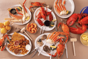 Seafood feast with multiple seafood entrees