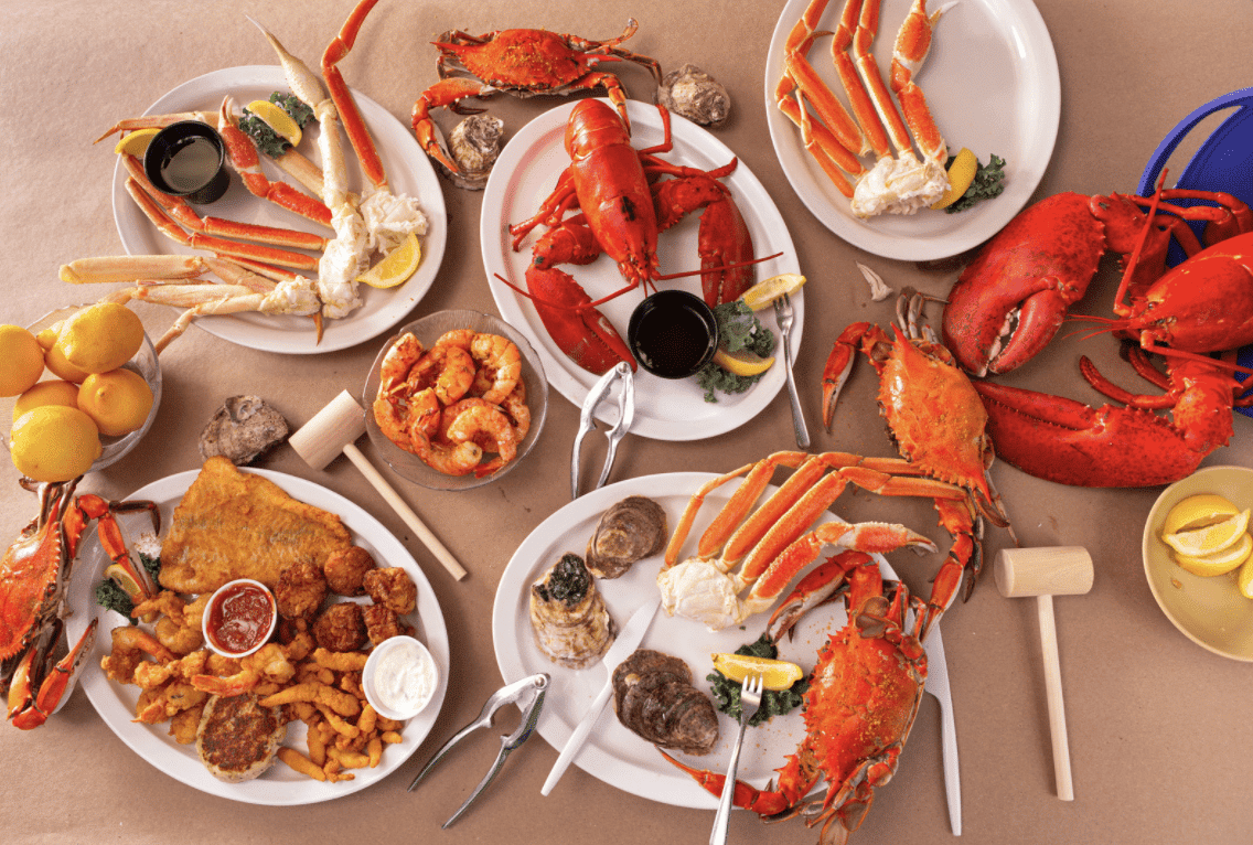 Seafood feast with multiple seafood entrees