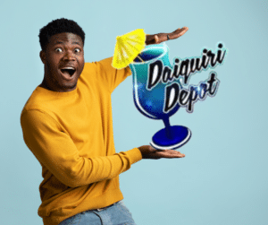Surprised black man holding the Daiquiri Depo logo
