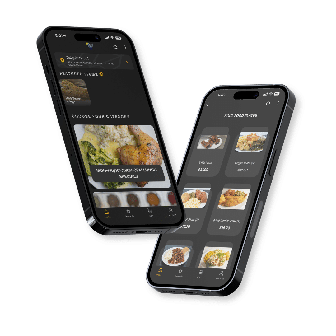 Two black smartphones display a dark-themed food delivery app with meal cards, categories, and prices on screen.