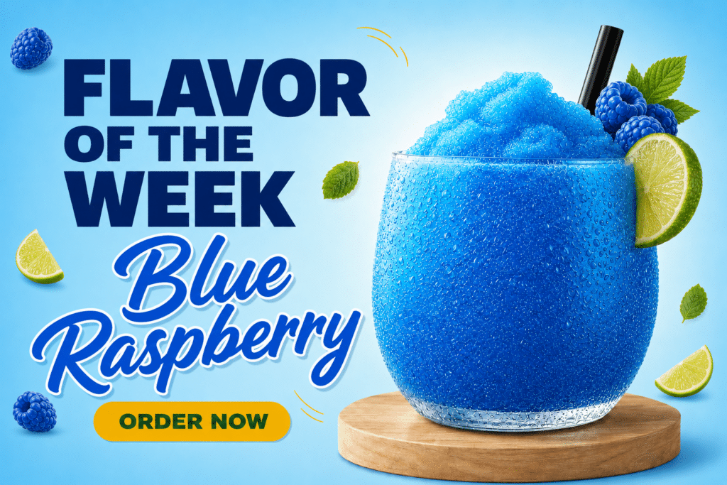 Promotional banner for a Blue Raspberry drink, featuring a frosty blue beverage in a glass with lime and berries and an 'Order Now' button.