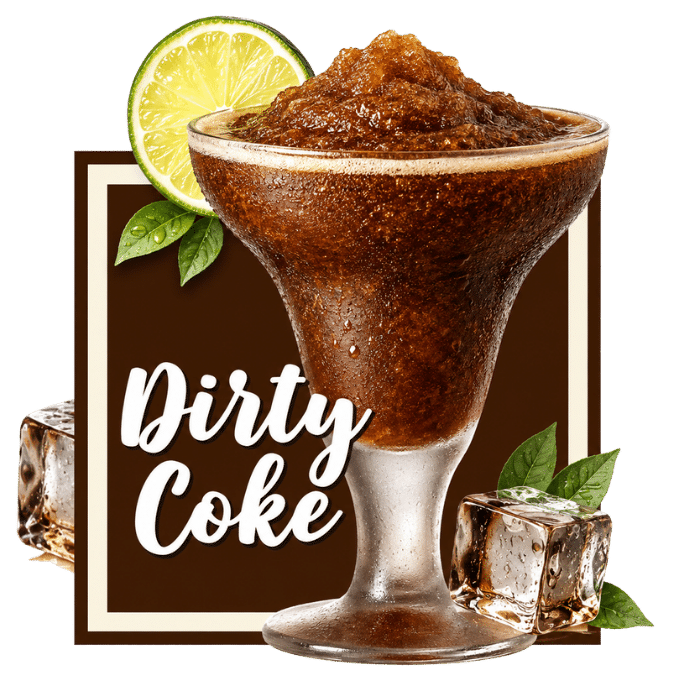 Dirty Coke cocktail in a stemmed glass with a lime wedge, ice, and mint leaves in front of a brown badge that says 'Dirty Coke'