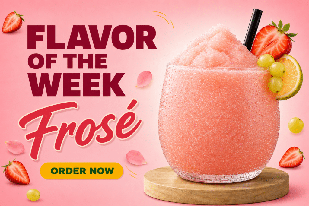 Promotional banner for 'Flavor of the Week' Frose: pink frose in a glass with strawberry, grapes and lemon on a pink background, 'ORDER NOW' button visible.