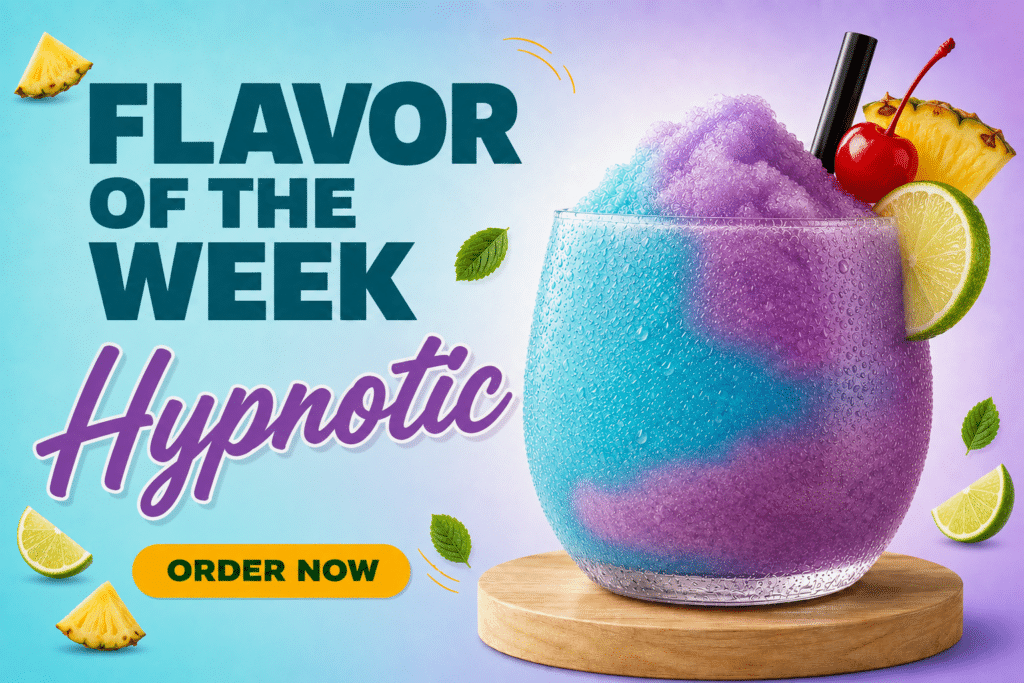 Promo banner for a tropical cocktail titled 'Flavor of the Week' featuring a blue‑purple drink with lime, pineapple, and cherry, and an orange 'Order Now' button.