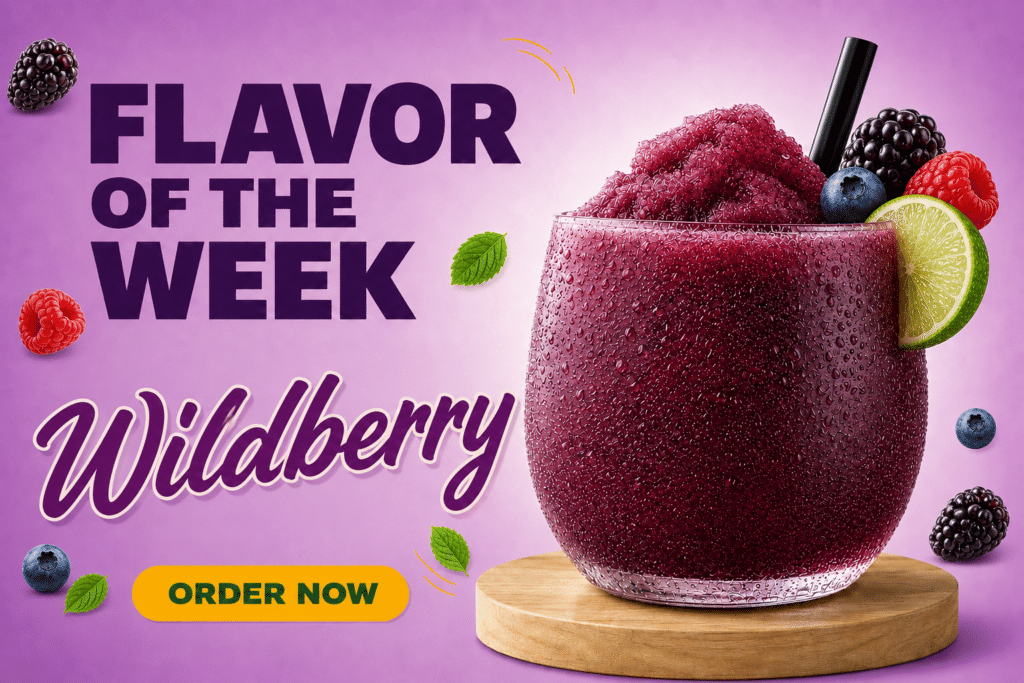 Purple smoothie bowl with berry toppings in a glass, surrounded by bold 'Flavor of the Week' and 'Wildberry' text and an orange 'Order Now' button on a purple background.